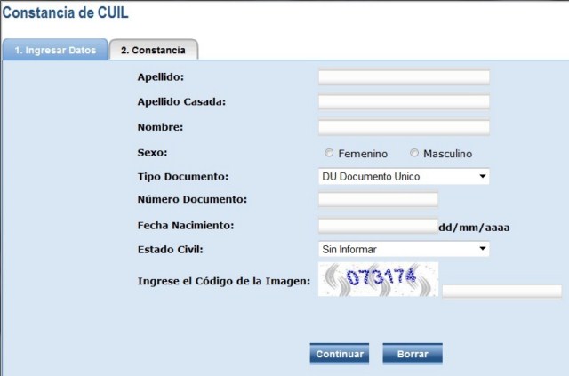 Primera pantalla para obtener constancia de CUIL